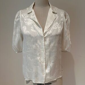 Maje Jacquard Satin Button-Front Blouse | Ivory Palm Print | Short Sleeve